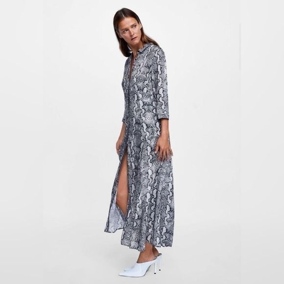 Zara Black And Grey Snake Print Long Shirt Dress Button Down Size XS - Picture 6 of 16